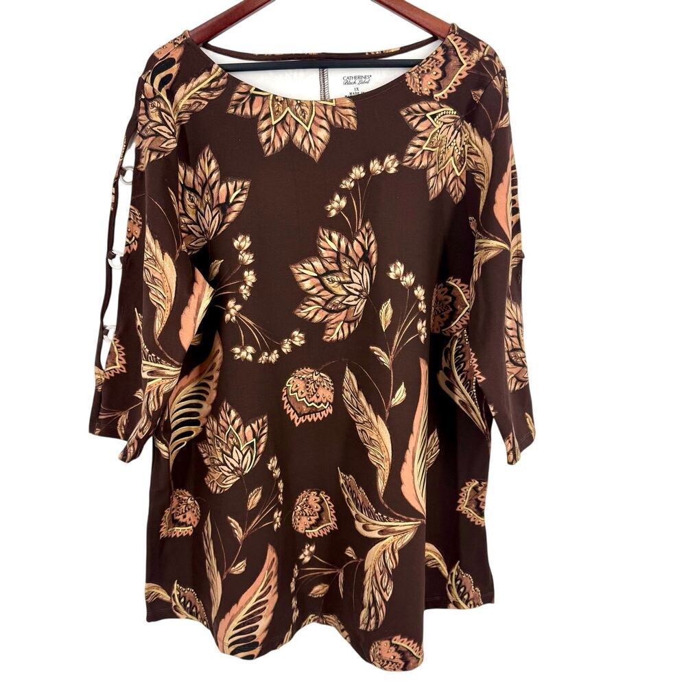 NEW NWOT Catherines Black Label Plus Size 1X Brown/Gold Formal Blouse Shirt Top